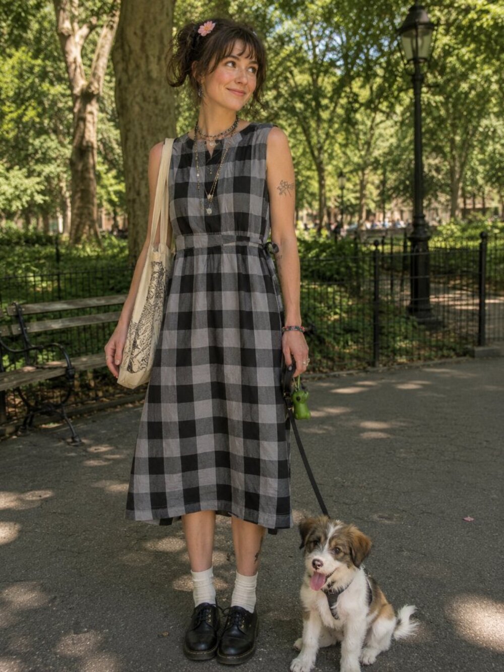 Heyne Bogut Hand Dyed Gray & Black Buffalo Plaid Cotton Dress Size 2